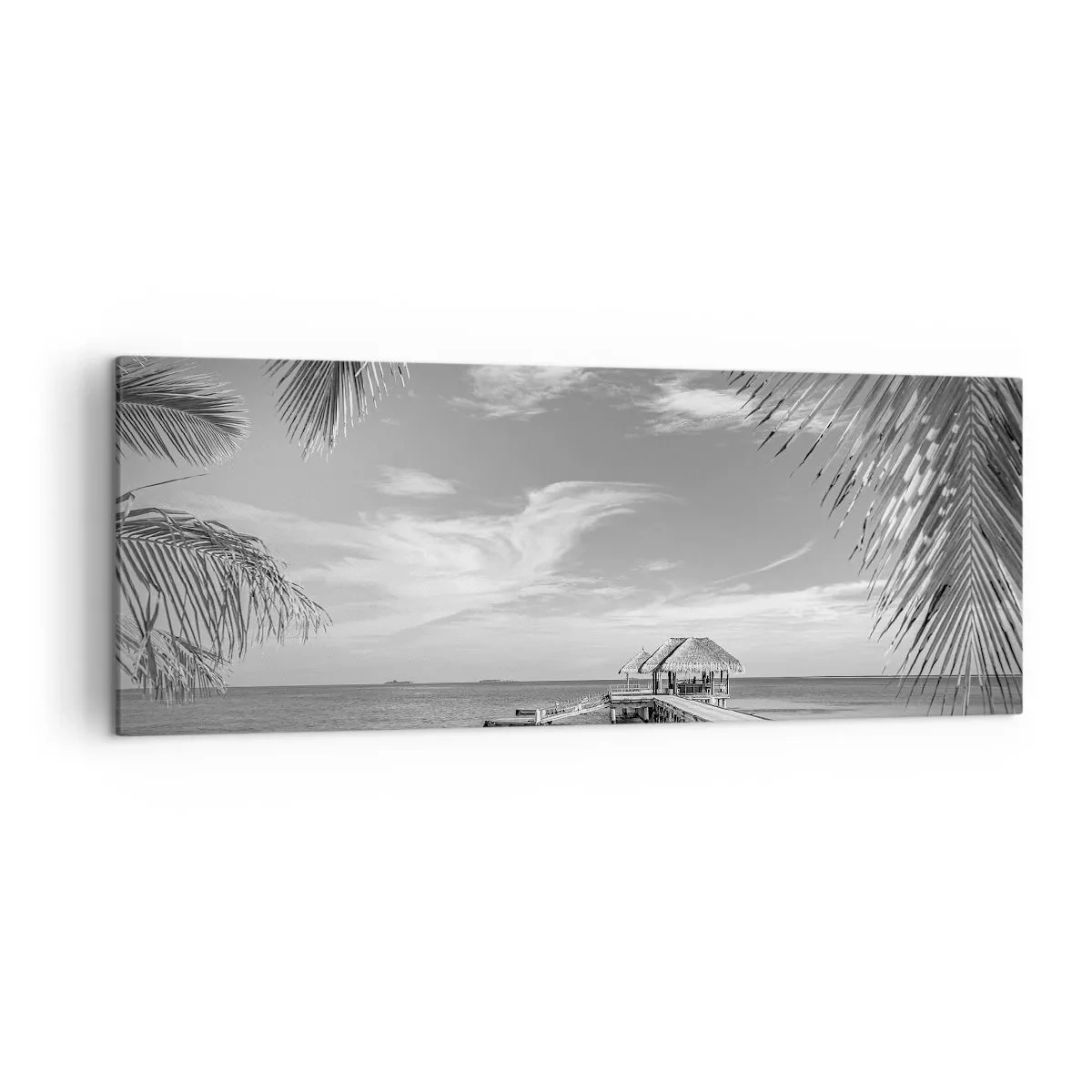 Impression sur toile - Image sur toile - Plage noire et blanche avec jetée et palmiers sur une côte tropicale - 140x50cm - Souvenirs ou rêve? - Décoration murale moderne pour le salon et la chambre ARTTOR