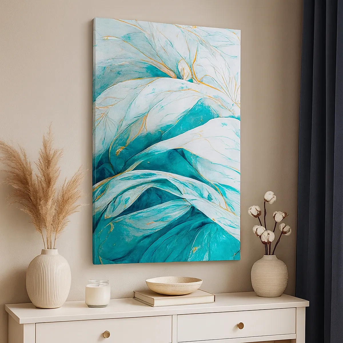 Impression sur toile - Image sur toile - Feuilles bleues abstraites avec des détails dorés - 50x70cm - Abstraction bleue avec un motif doré - Décoration murale moderne pour le salon et la chambre ARTTOR