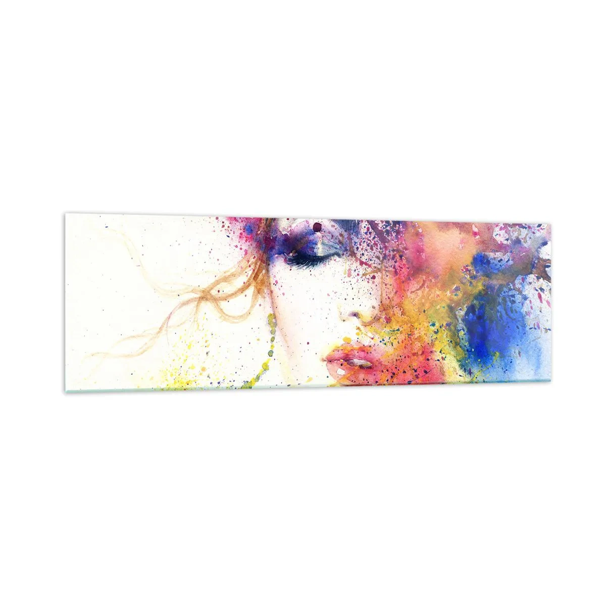 Impression sur verre - Image sur verre - Un portrait artistique d'une femme aux couleurs aquarelles expressives. - 160x50cm - Vertiges arc-en-ciel - Décoration murale moderne pour le salon et la chambre ARTTOR