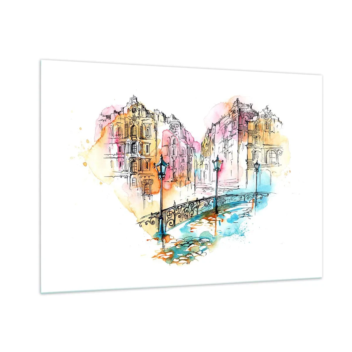 Impression sur verre - Image sur verre - Maisons romantiques avec un pont en forme de cœur, aquarelle - 100x70cm - Le coeur de la ville - Décoration murale moderne pour le salon et la chambre ARTTOR