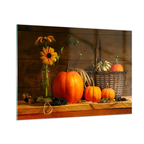 Impression sur verre - Image sur verre - Nature morte d'automne avec citrouilles et fleurs - 100x70cm - Une composition rustique - cadeaux d'automne - Décoration murale moderne pour le salon et la chambre ARTTOR