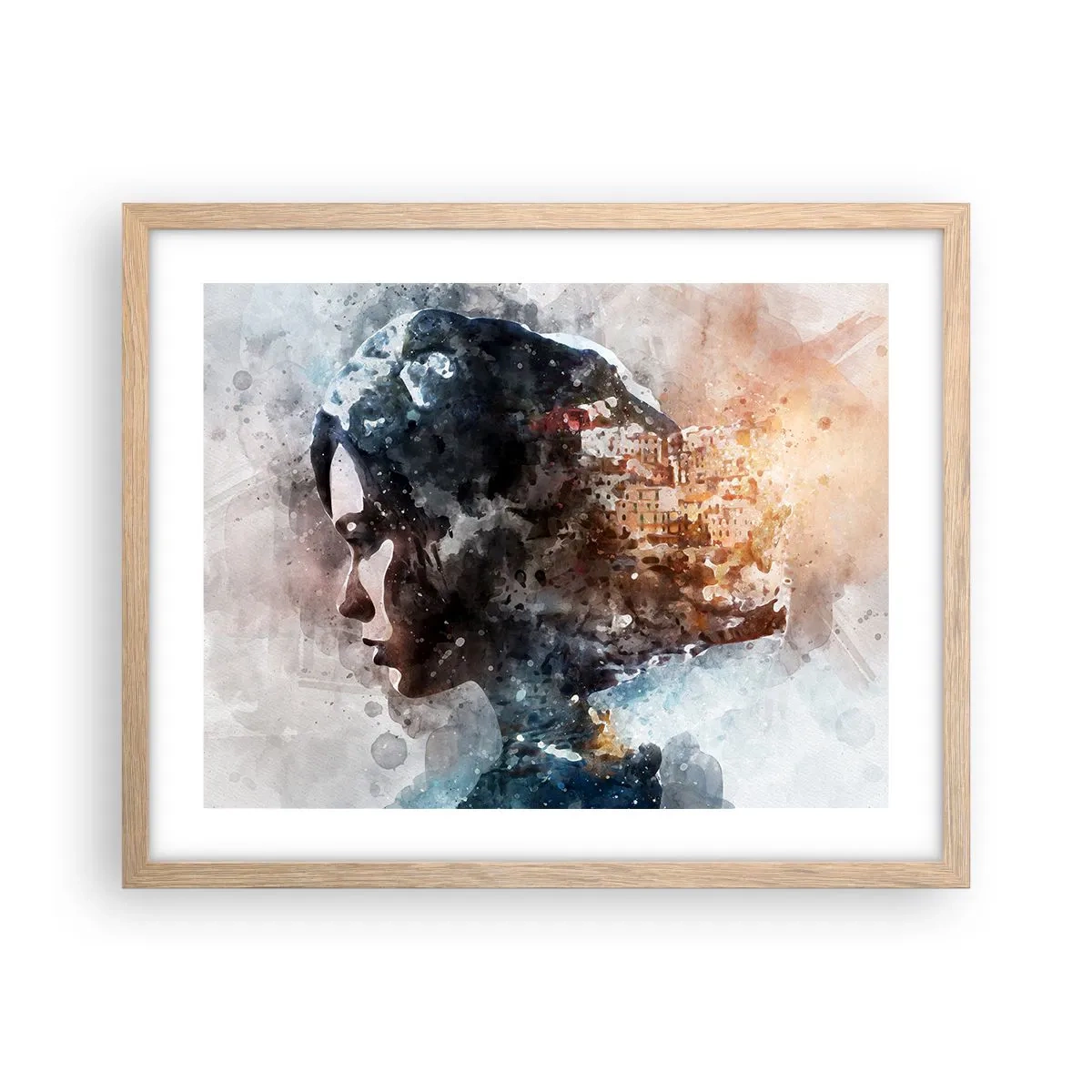 Affiche dans un chêne clair - Poster - L'histoire d'une fille avec une ville en arrière-plan - 50x40 cm