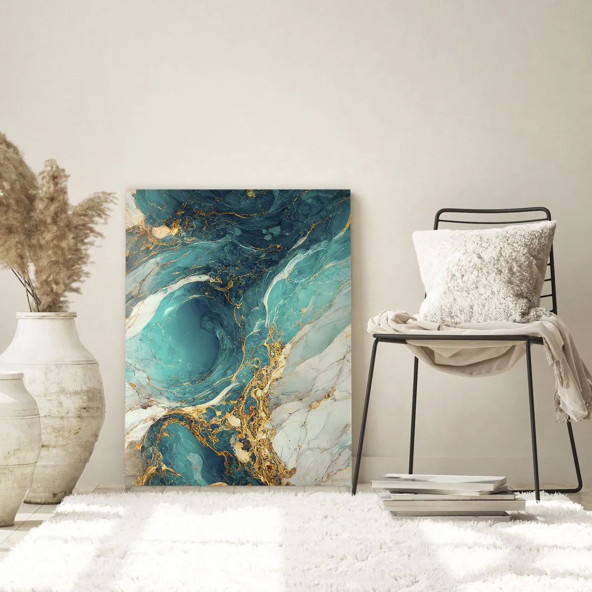 Impression sur verre - Image sur verre - Composition abstraite avec des veines turquoise et dorées - 50x70cm - Composition en veines d'or - Décoration murale moderne pour le salon et la chambre ARTTOR