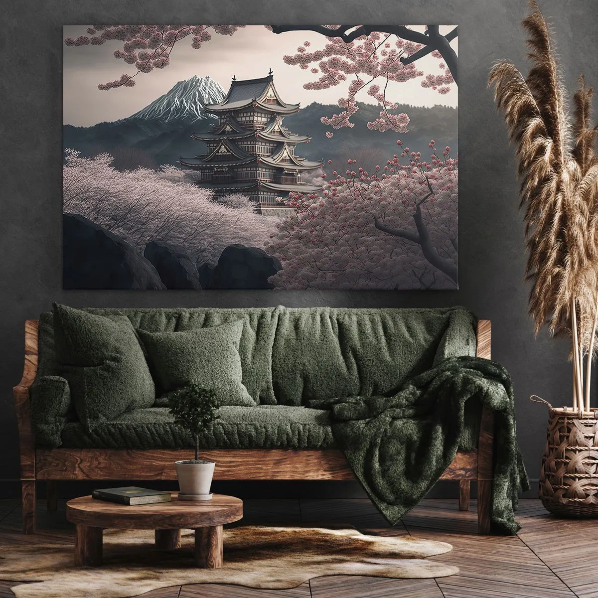 Impression sur toile - Image sur toile - Un temple japonais entouré de cerisiers en fleurs et de montagnes - 120x80cm - Le pays des cerisiers en fleurs - Décoration murale moderne pour le salon et la chambre ARTTOR