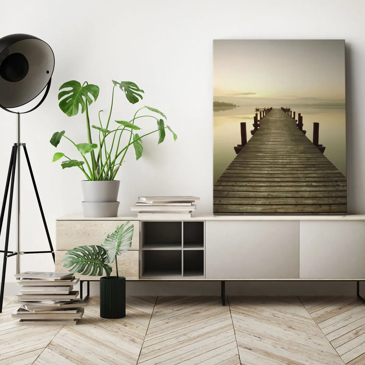 Impression sur toile - Image sur toile - Une jetée en bois sur un lac calme le matin - 50x70cm - L'aube, les premières lueurs, le jour - Décoration murale moderne pour le salon et la chambre ARTTOR
