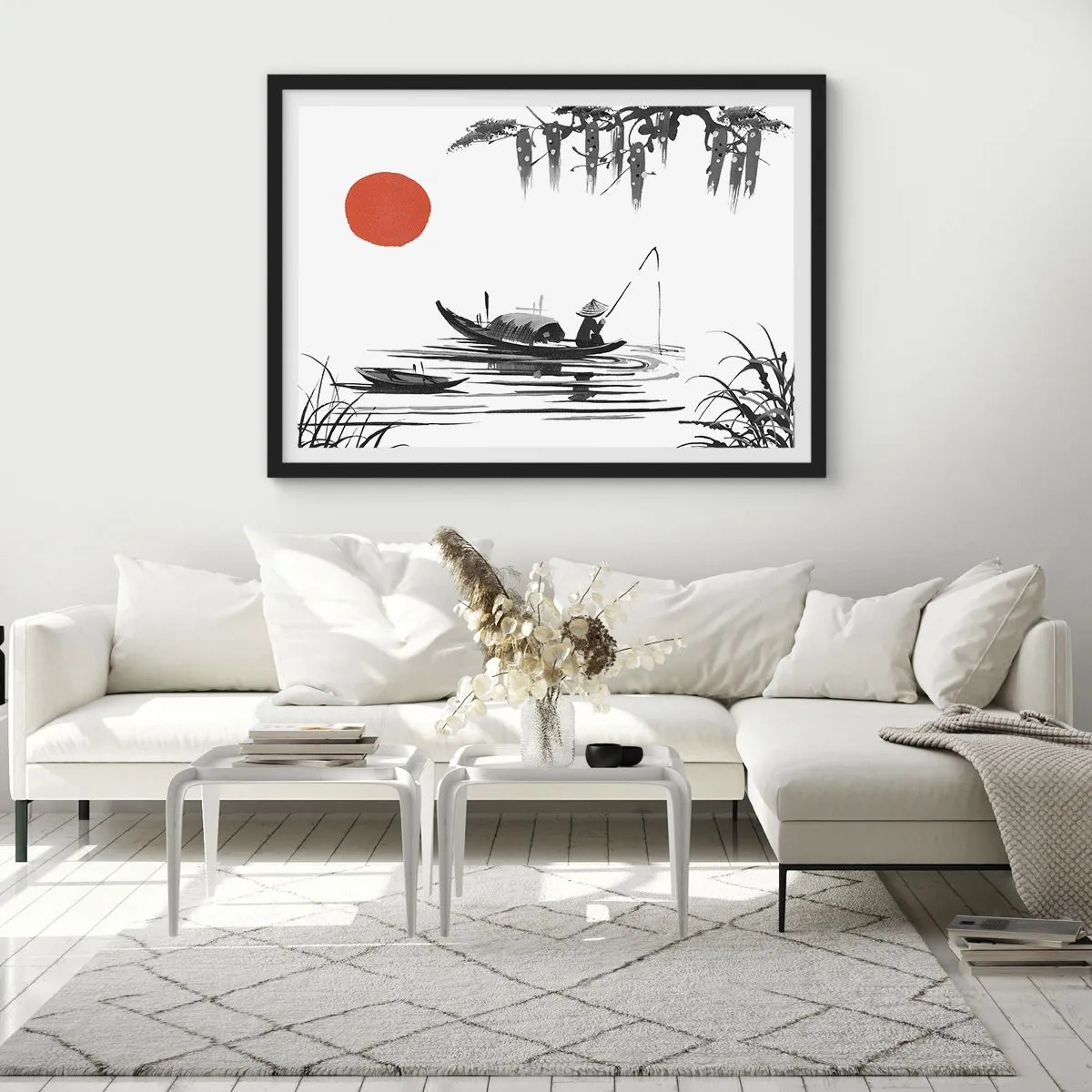 Affiche dans un cadre noir - Poster - Paysage oriental avec un pêcheur sur un bateau et un soleil rouge - 70x50cm - Après-midi asiatique - Décoration murale moderne pour le salon et la chambre ARTTOR