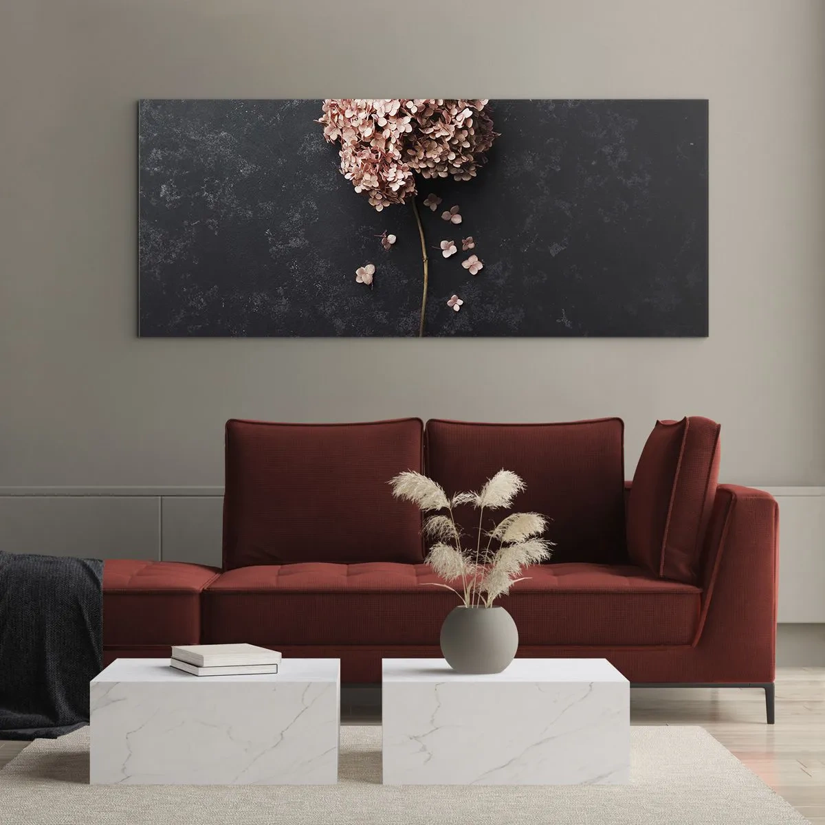 Impression sur verre - Image sur verre - Une délicate fleur d'hortensia sur un fond sombre - 160x50cm - Un signe vraiment romantique - Décoration murale moderne pour le salon et la chambre ARTTOR