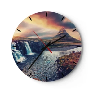 Horloge murale - Pendule murale - Paysage de montagne avec une cascade au coucher du soleil - 30x30cm - Dans la majesté de la nature - Décoration murale moderne pour le salon, la cuisine et la chambre ARTTOR