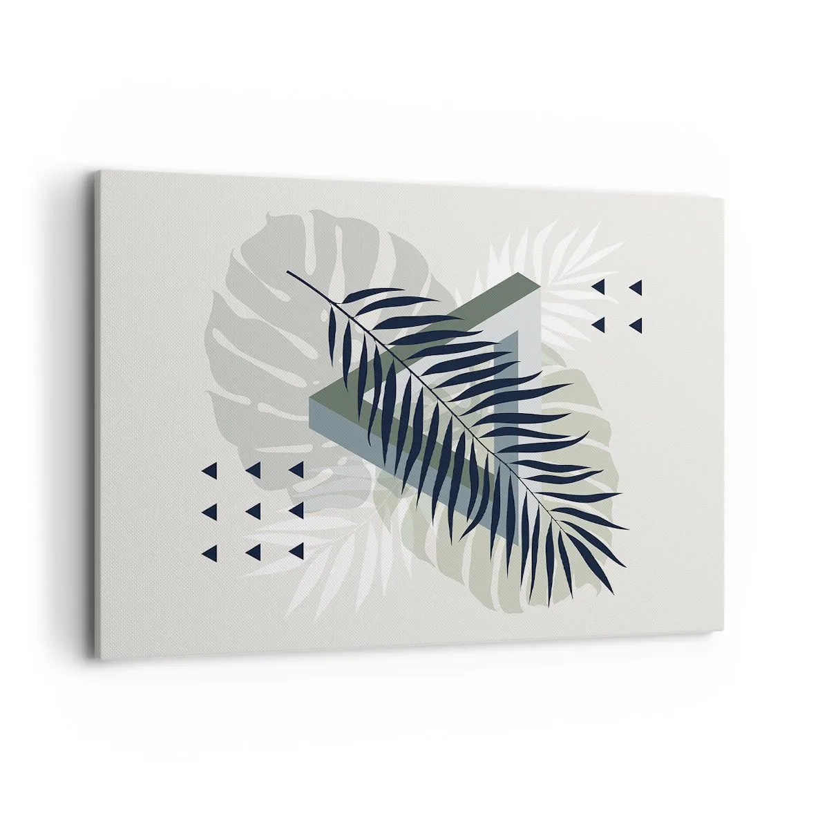 Impression sur toile - Image sur toile - Composition géométrique avec des feuilles tropicales dans des tons verts - 100x70cm - Nature et géométrie - deux odres? - Décoration murale moderne pour le salon et la chambre ARTTOR