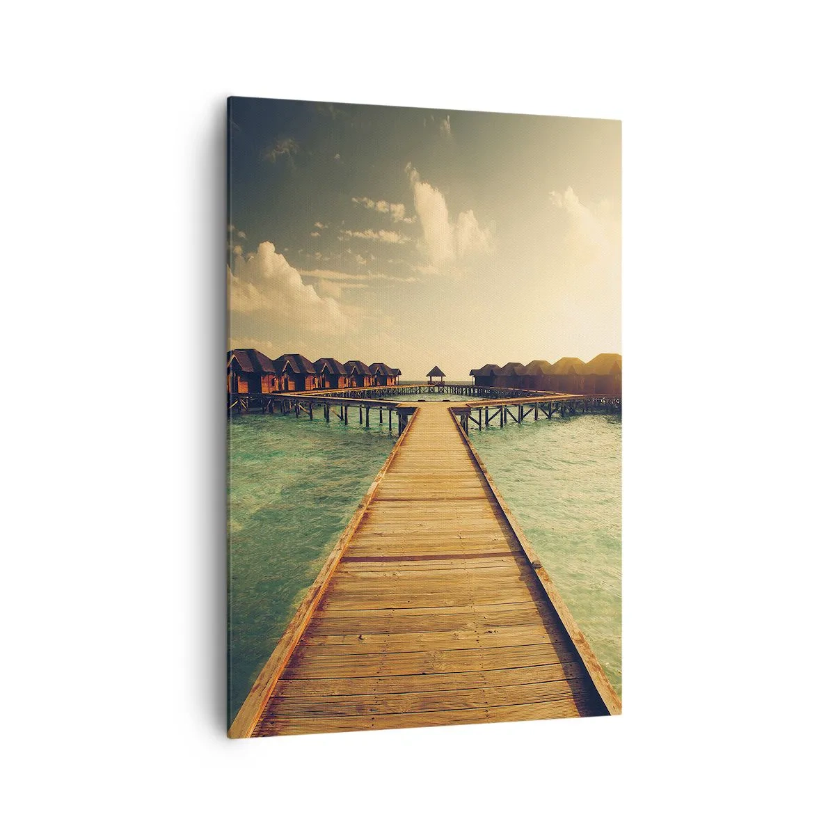 Impression sur toile - Image sur toile - Une jetée en bois menant aux maisons sur l'eau, illuminée par les rayons du soleil. - 70x100cm - Invitation chaleureuse - Décoration murale moderne pour le salon et la chambre ARTTOR