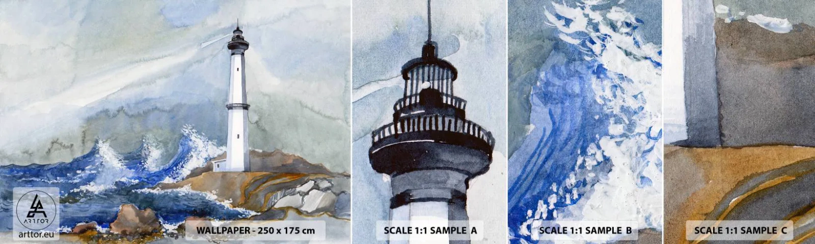 Échantillon De Papier Peint Standard Eco - Contre l'obscurité et la tempête - Phare, Paysage, Océan - 100x30 cm