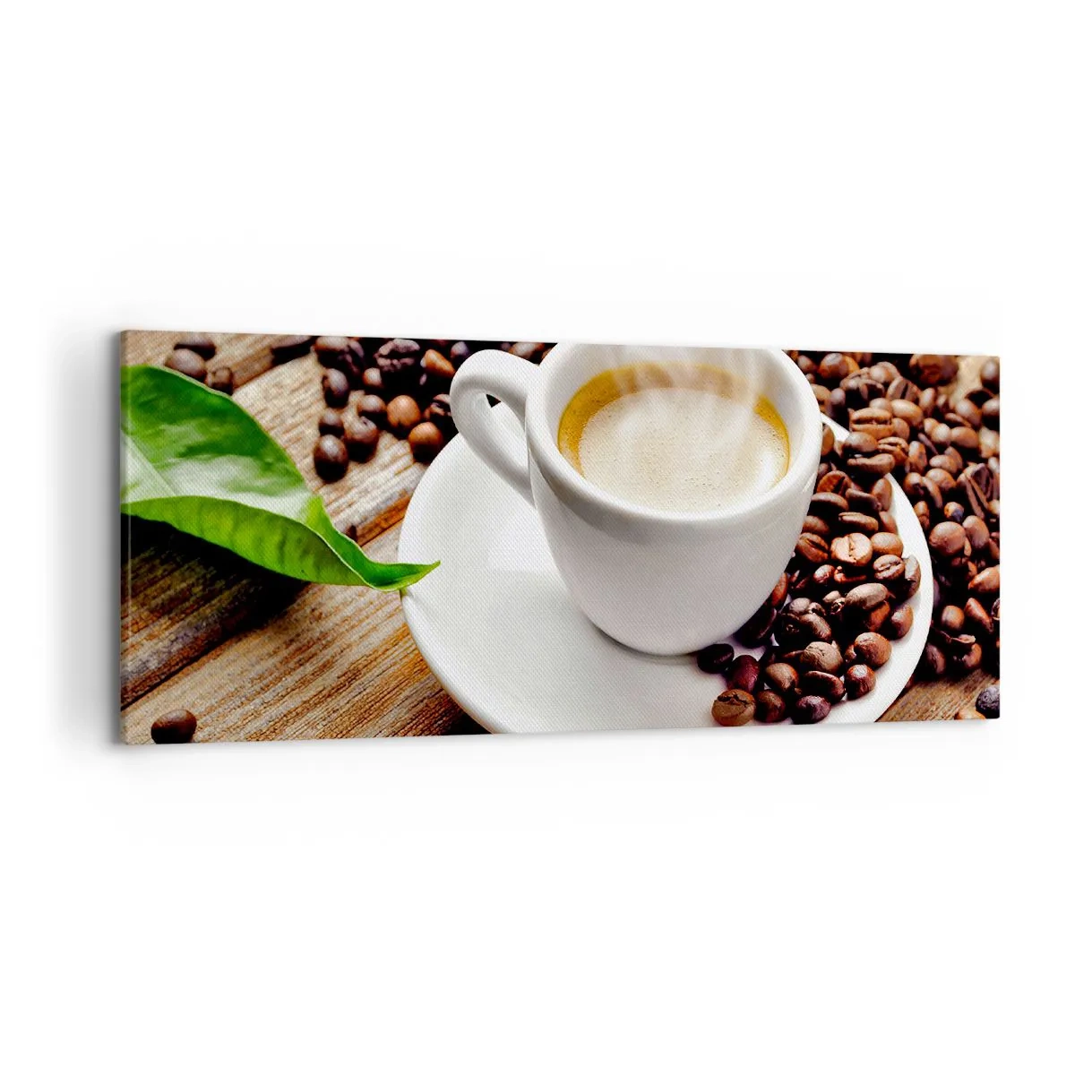 Impression sur toile - Image sur toile - Une tasse de café aromatique sur fond de grains et d'une feuille - 120x50cm - Café sur un banc - Décoration murale moderne pour le salon et la chambre ARTTOR