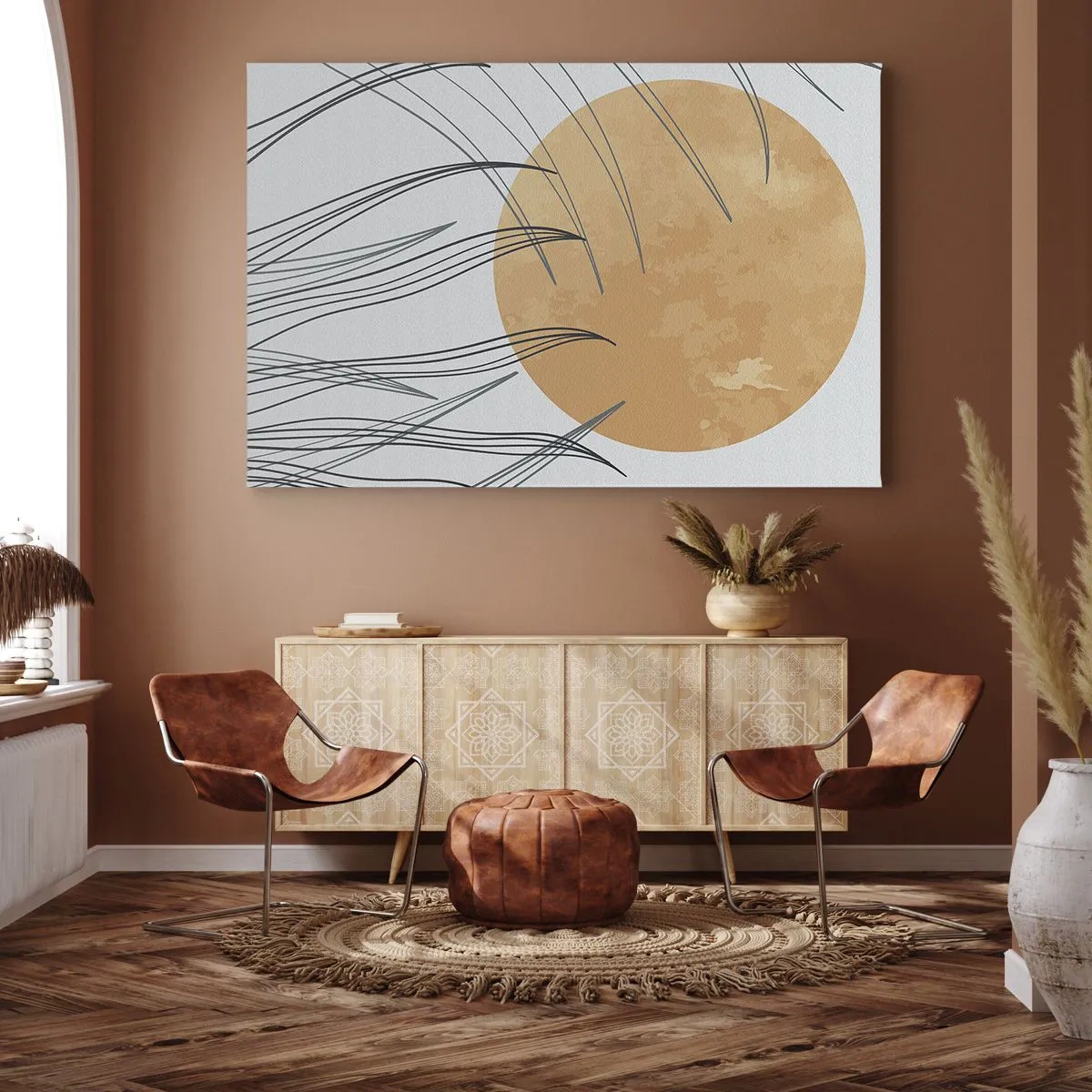 Impression sur toile - Image sur toile - Brins d'herbe abstraits sur fond de grand soleil orange - 120x80cm - Toujours vers le soleil - Décoration murale moderne pour le salon et la chambre ARTTOR