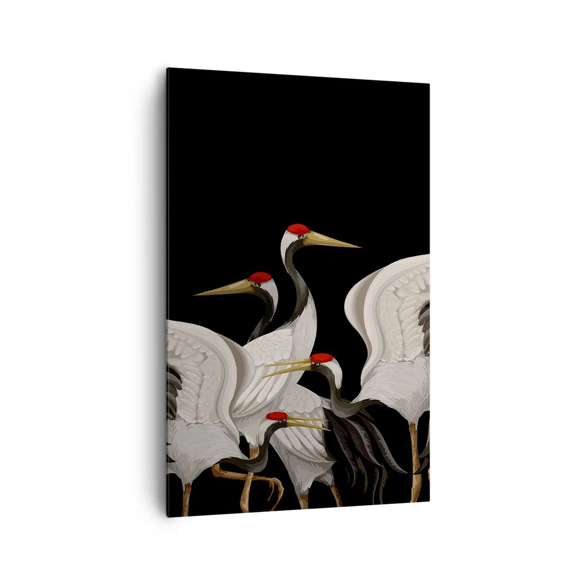 Impression sur toile - Image sur toile - Grues blanches avec des accents rouges sur fond noir - 80x120cm - Histoire d'oiseaux - Décoration murale moderne pour le salon et la chambre ARTTOR