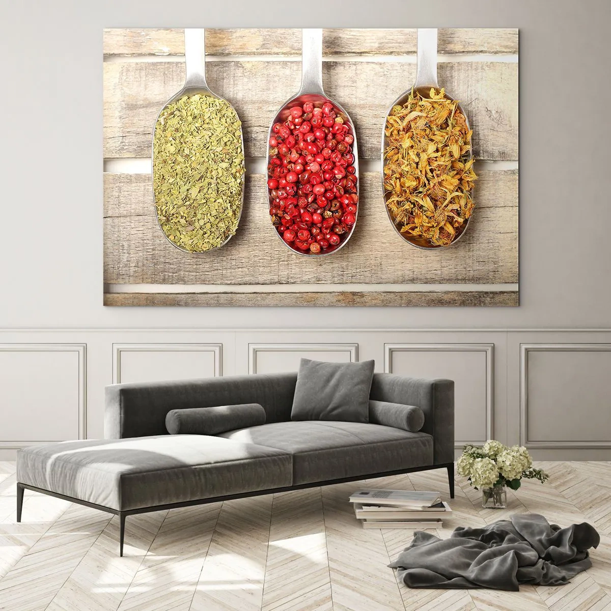 Impression sur verre - Image sur verre - Trois cuillères à épices sur un fond en bois rustique - 120x80cm - Magie de la cuisine - Décoration murale moderne pour le salon et la chambre ARTTOR