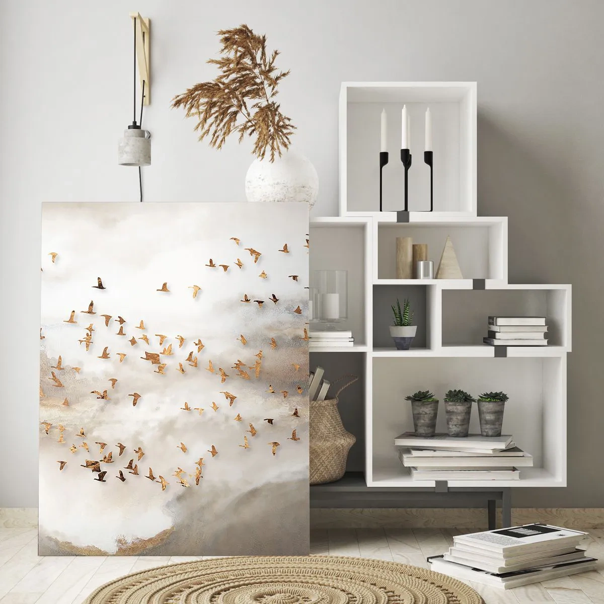 Impression sur verre - Image sur verre - Oiseaux dorés contre les montagnes brumeuses - 80x120cm - Il est l'heure… - Décoration murale moderne pour le salon et la chambre ARTTOR