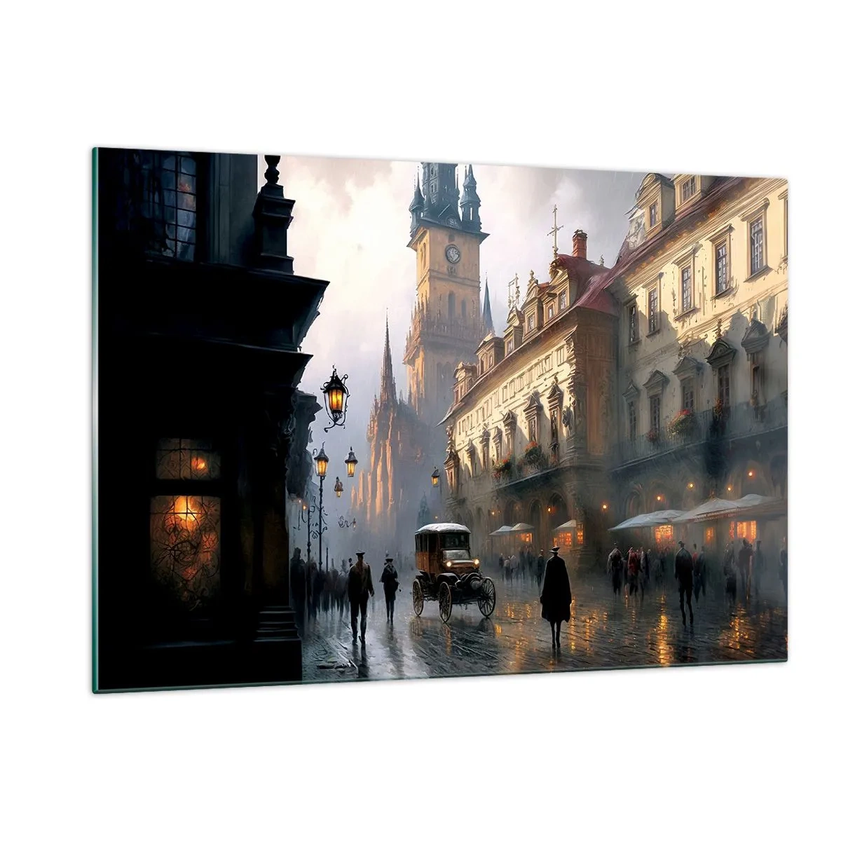 Impression sur verre - Image sur verre - Une rue historique éclairée par des lanternes au crépuscule - 120x80cm - Le charme d'une soirée pragoise - Décoration murale moderne pour le salon et la chambre ARTTOR