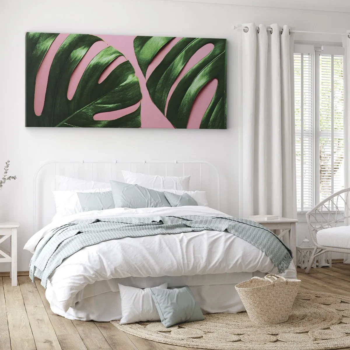 Impression sur toile - Image sur toile - Feuilles de monstera vertes sur fond rose - 160x50cm - Rendez-vous vert - Décoration murale moderne pour le salon et la chambre ARTTOR