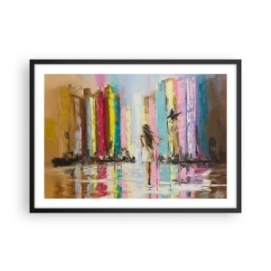 Affiche dans un cadre noir - Poster - Une ville colorée et une femme en robe blanche avec un oiseau - 70x50cm - Viens avec moi - Décoration murale moderne pour le salon et la chambre ARTTOR