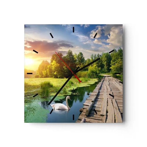 Horloge murale - Pendule murale - Un paysage pittoresque avec un pont et un cygne - 30x30cm - L'été, l'été partout - Décoration murale moderne pour le salon et la chambre ARTTOR