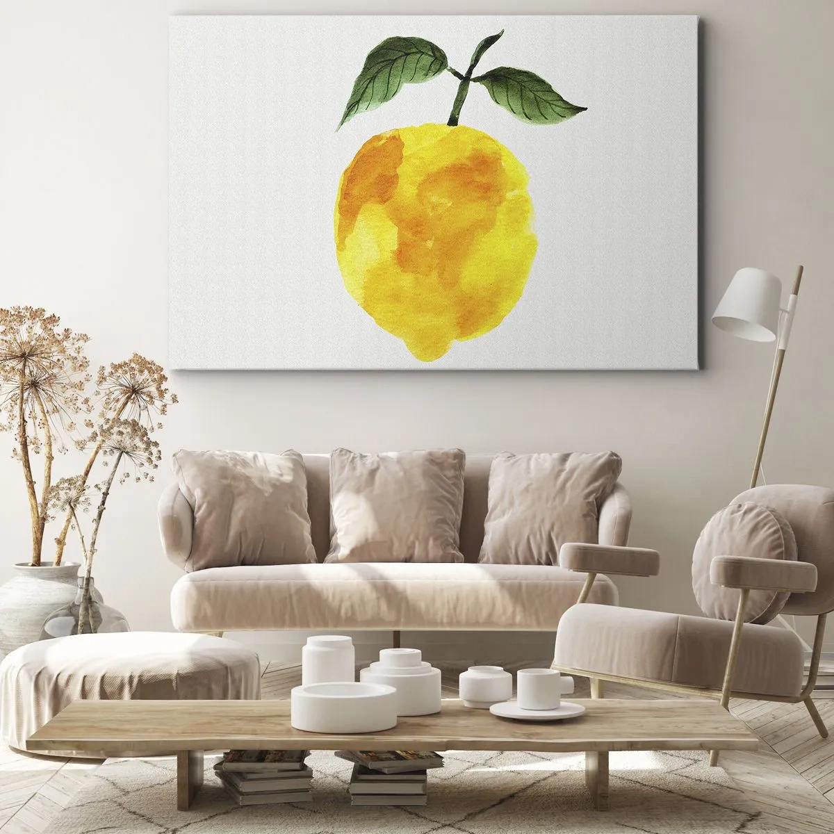 Impression sur toile - Image sur toile - Citron aquarelle avec des feuilles vertes sur fond clair - 70x50cm - Comment reconnaitre le goût du soleil - Décoration murale moderne pour le salon et la chambre ARTTOR
