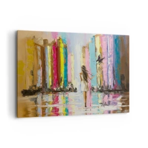 Impression sur toile - Image sur toile - Une ville colorée et une femme en robe blanche avec un oiseau - 120x80cm - Viens avec moi - Décoration murale moderne pour le salon et la chambre ARTTOR