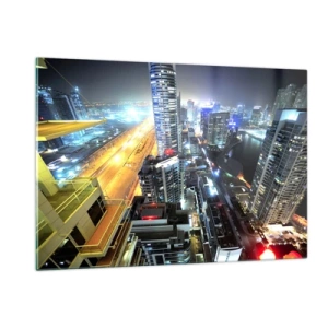 Impression sur verre - Image sur verre - Panorama de la ville nocturne avec des gratte-ciel illuminés - 120x80cm - Un miracle dans le désert - Décoration murale moderne pour le salon et la chambre ARTTOR