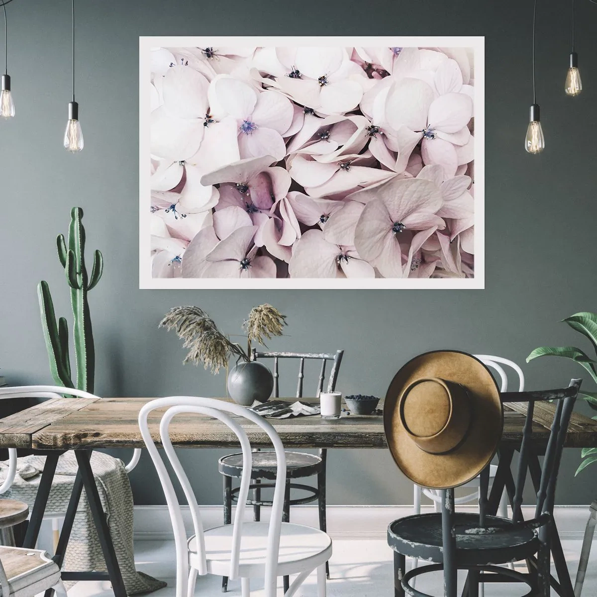 Affiche - Poster - Hortensias blancs délicats aux tons pastel - 100x70cm - Dans un flot de fleurs - Décoration murale moderne pour le salon et la chambre ARTTOR