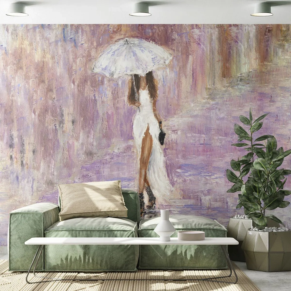 Papier Peint Autocollant Deluxe Sticker - Sous la pluie lilas - Femme, Mode, Marcher sous la pluie - 250x175 cm