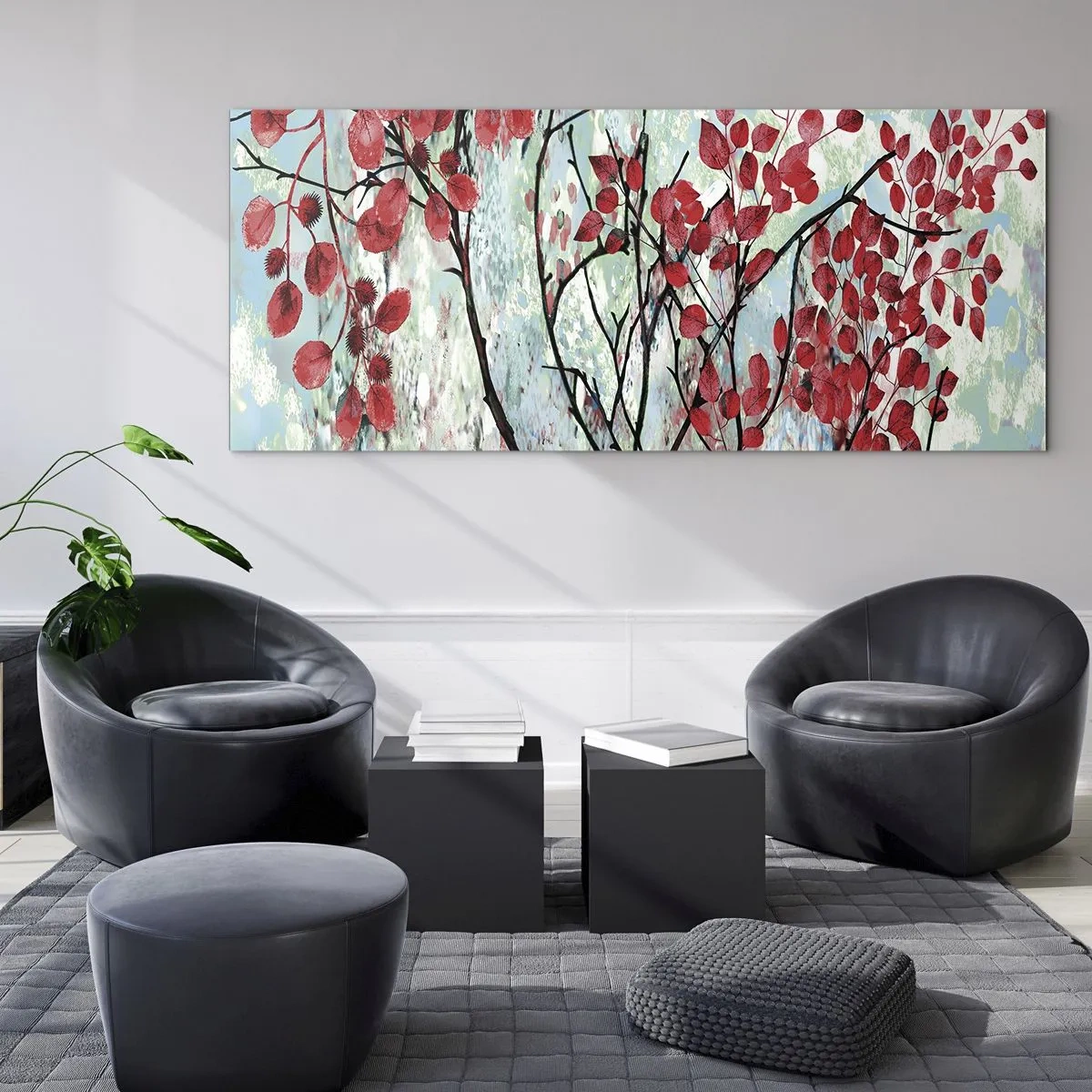 Impression sur verre - Image sur verre - Feuilles rouges sur un ciel lumineux avec des motifs abstraits - 160x50cm - Arbre en écarlate - Décoration murale moderne pour le salon et la chambre ARTTOR