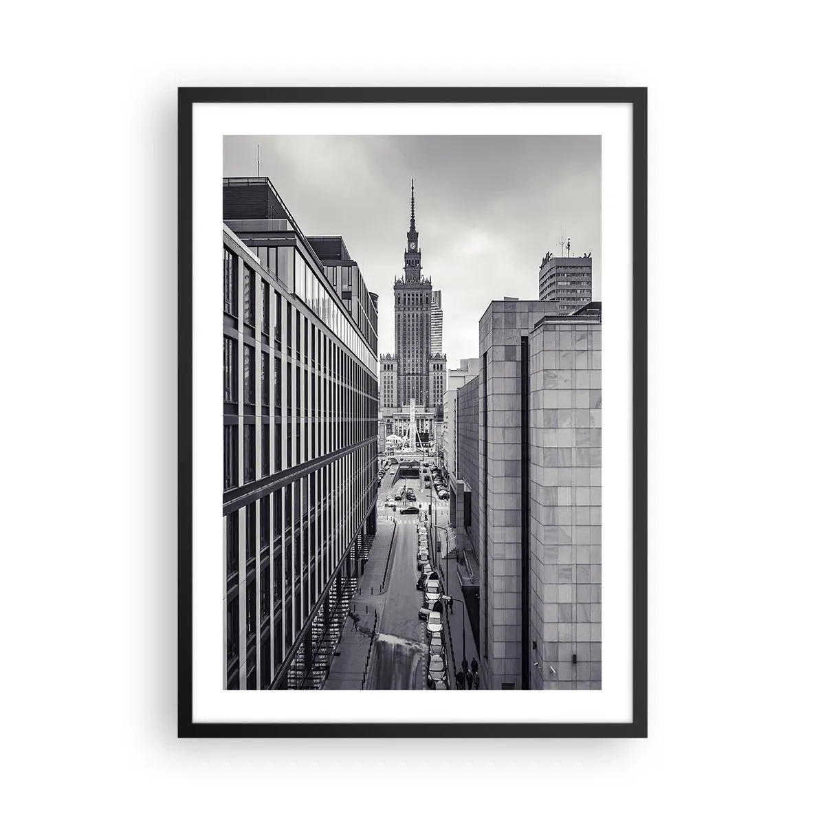 Affiche dans un cadre noir - Poster - Vue du Palais de la Culture et des Sciences de Varsovie en nuances de gris - 50x70cm - Vallée de Varsovie - Décoration murale moderne pour le salon et la chambre ARTTOR