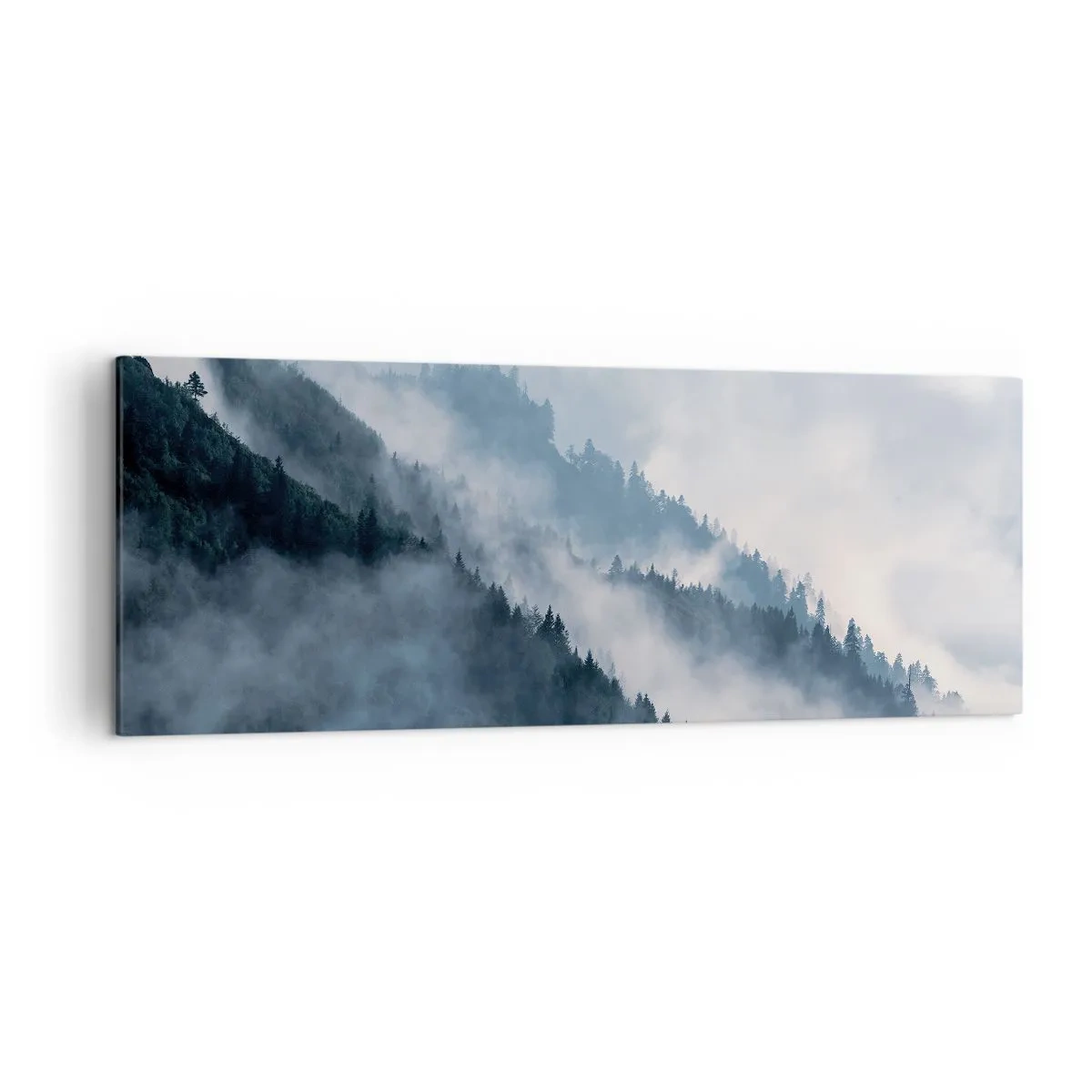Impression sur toile - Image sur toile - Le brouillard plane sur les flancs boisés des montagnes dans un paysage mystérieux - 140x50cm - Mysticisme des montagnes - Décoration murale moderne pour le salon et la chambre ARTTOR