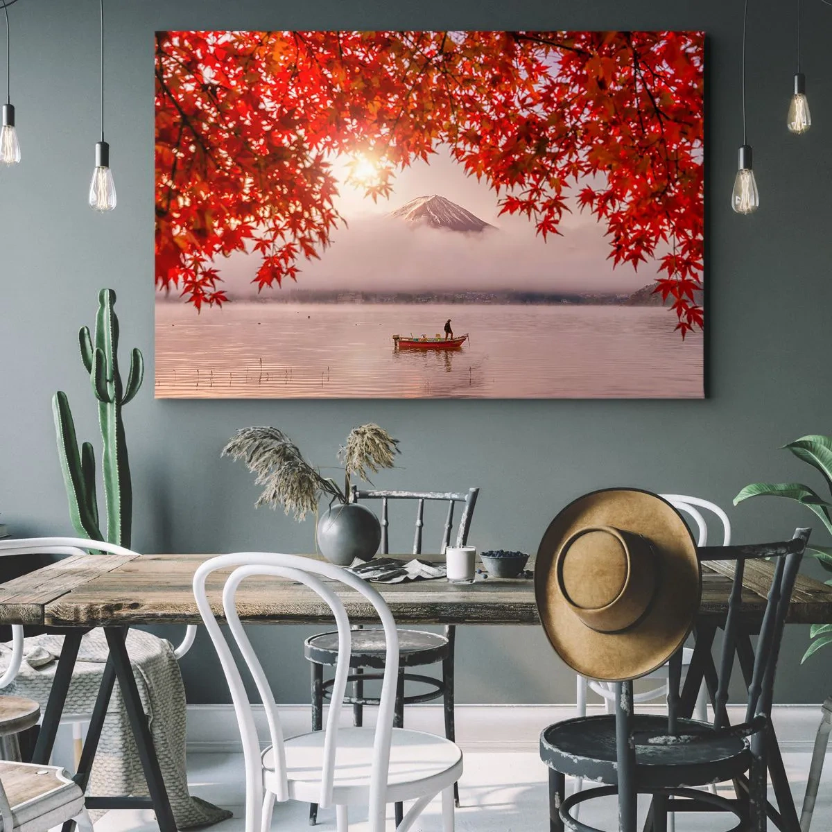 Impression sur toile - Image sur toile - Un bateau sur un lac entouré de feuilles d'érable rouges - 100x70cm - Dans le climat japonais - Décoration murale moderne pour le salon et la chambre ARTTOR