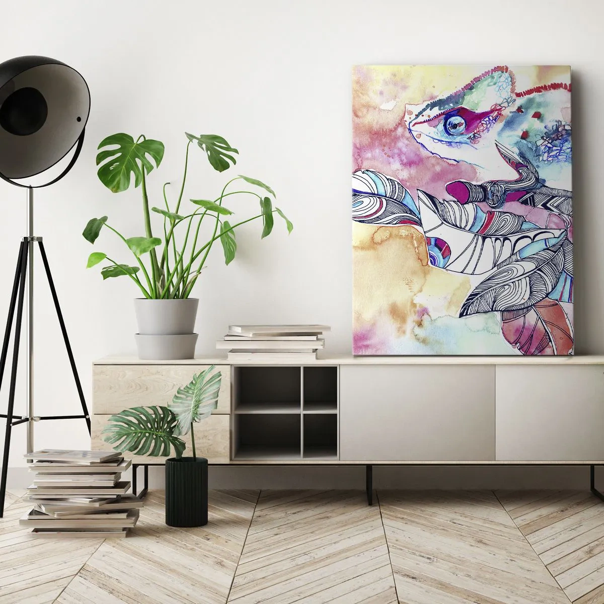 Impression sur toile - Image sur toile - Caméléon coloré sur fond de feuilles abstraites - 80x120cm - Aussi coloré que notre monde - Décoration murale moderne pour le salon et la chambre ARTTOR