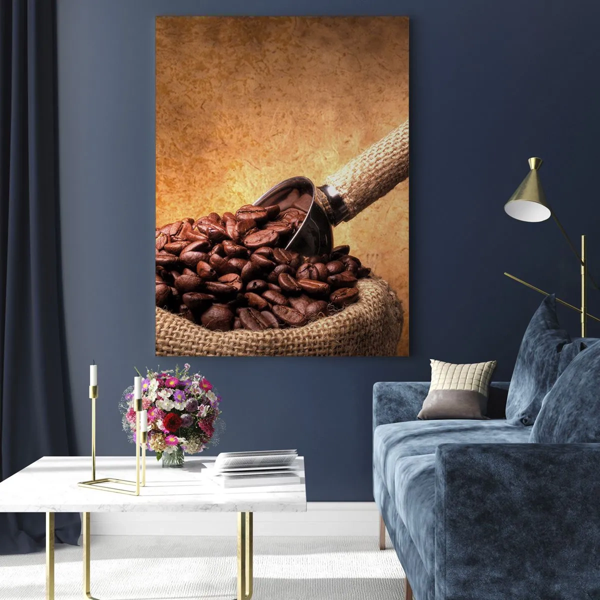 Impression sur verre - Image sur verre - Grains de café dans un sac en jute avec une cuillère en métal - 50x70cm - A la source de la saveur - Décoration murale moderne pour le salon et la chambre ARTTOR