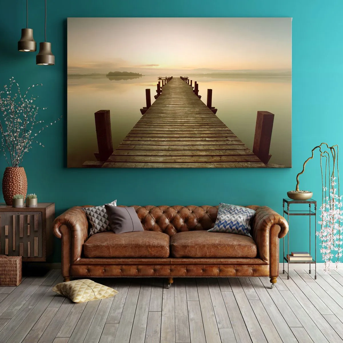 Impression sur toile - Image sur toile - Une jetée en bois sur un lac calme le matin - 100x70cm - L'aube, les premières lueurs, le jour  - Décoration murale moderne pour le salon et la chambre ARTTOR