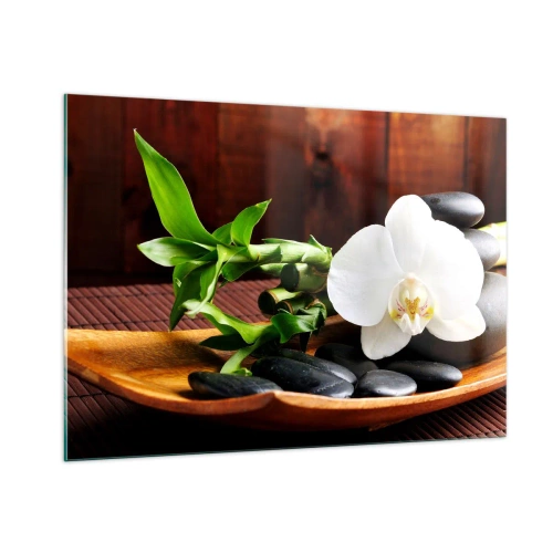 Impression sur verre - Image sur verre - Orchidée blanche sur pierres noires et bambou dans un bol en bois - 100x70cm - Cédez au contact de la nature - Décoration murale moderne pour le salon et la chambre ARTTOR