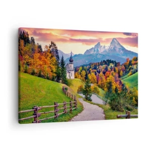 Impression sur toile - Image sur toile - Paysage de montagne d'automne avec une chapelle et un coucher de soleil - 70x50cm - Paysage comme peind - Décoration murale moderne pour le salon et la chambre ARTTOR