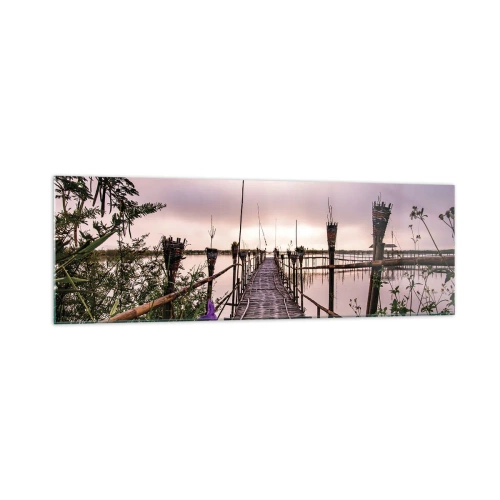 Impression sur verre - Image sur verre - Pont de bambou sur l'eau à l'aube - 160x50cm - Le silence et le calme d'Asie - Décoration murale moderne pour le salon et la chambre ARTTOR