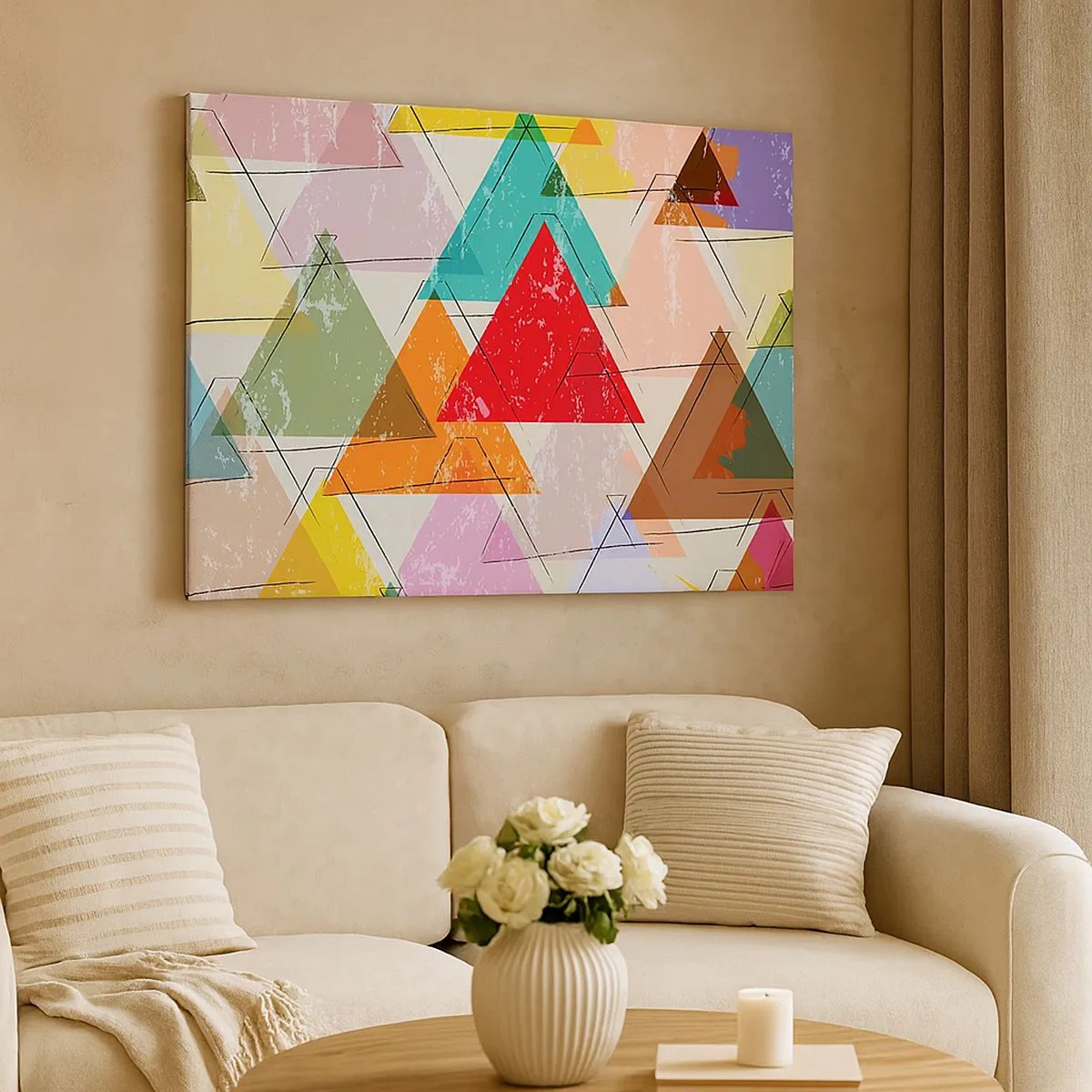 Impression sur toile - Image sur toile - Abstraction colorée avec des triangles géométriques - 70x50cm - Trois par trois - Décoration murale moderne pour le salon et la chambre ARTTOR