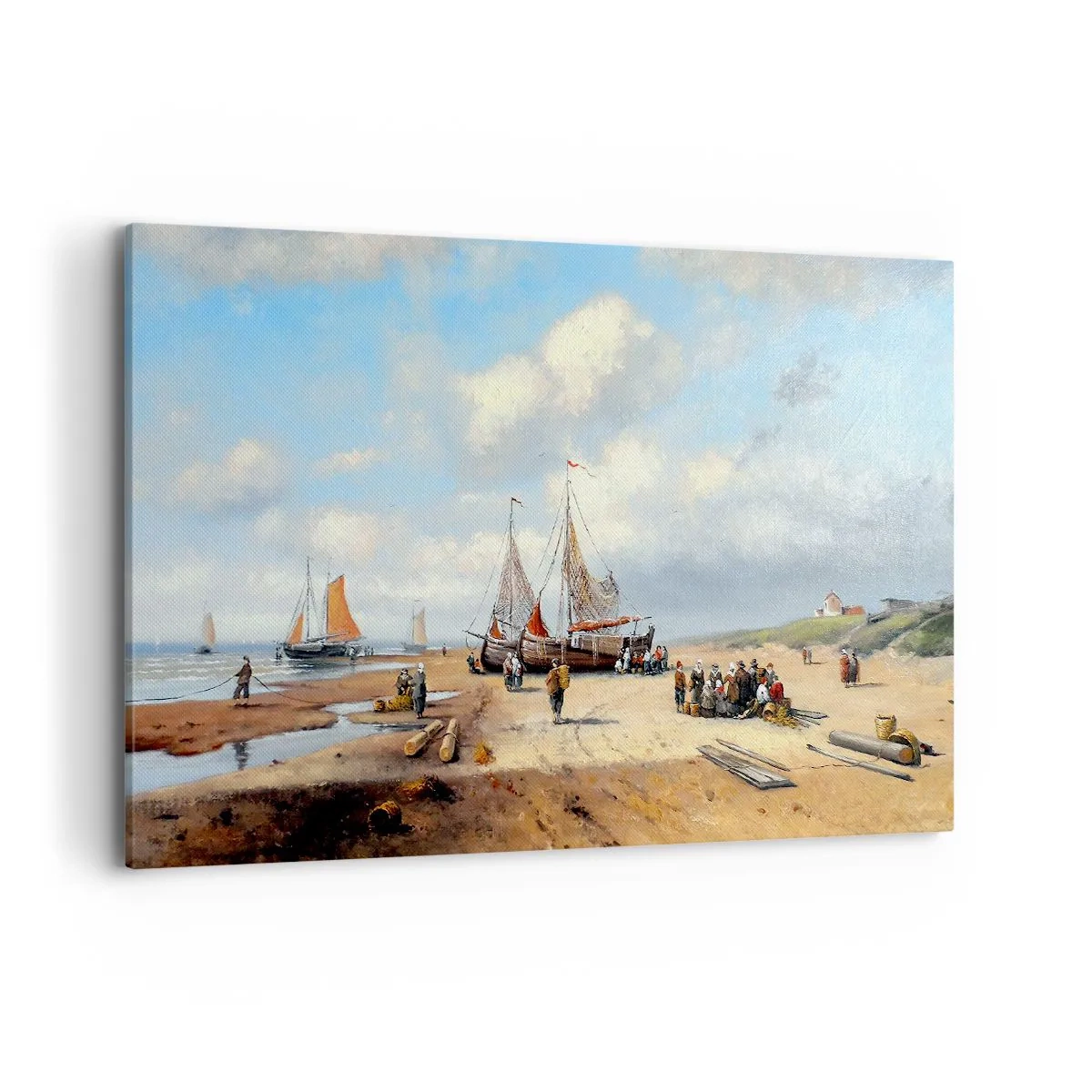 Impression sur toile - Image sur toile - Bateaux de pêche sur la plage avec des figures humaines - 120x80cm - Après une capture réussie - Décoration murale moderne pour le salon et la chambre ARTTOR