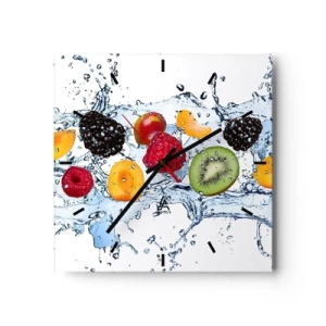 Horloge murale - Pendule murale - Fruits colorés immergés dans des éclaboussures d'eau sur un fond blanc - 30x30cm - Amusez-vous avec nous - Décoration murale moderne pour le salon et la chambre ARTTOR