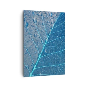 Impression sur toile - Image sur toile - Une feuille dans des tons bleus avec des gouttes d'eau - 70x100cm - La vie en bleu - Décoration murale moderne pour le salon et la chambre ARTTOR