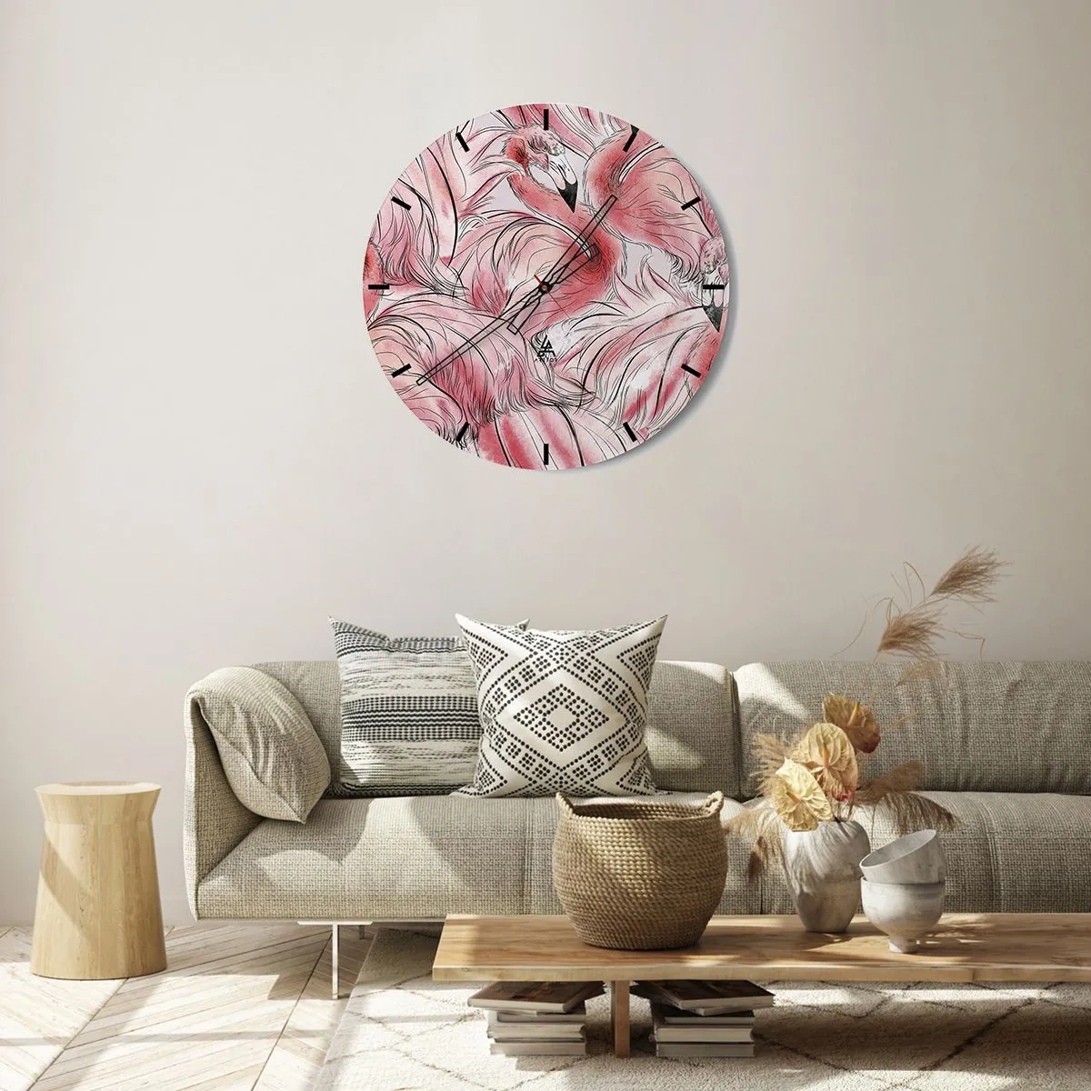 Horloge murale - Pendule murale - Flamants roses dans une composition dynamique et artistique - 30x30cm - Oiseau corps de ballet - Décoration murale moderne pour le salon, la cuisine et la chambre ARTTOR
