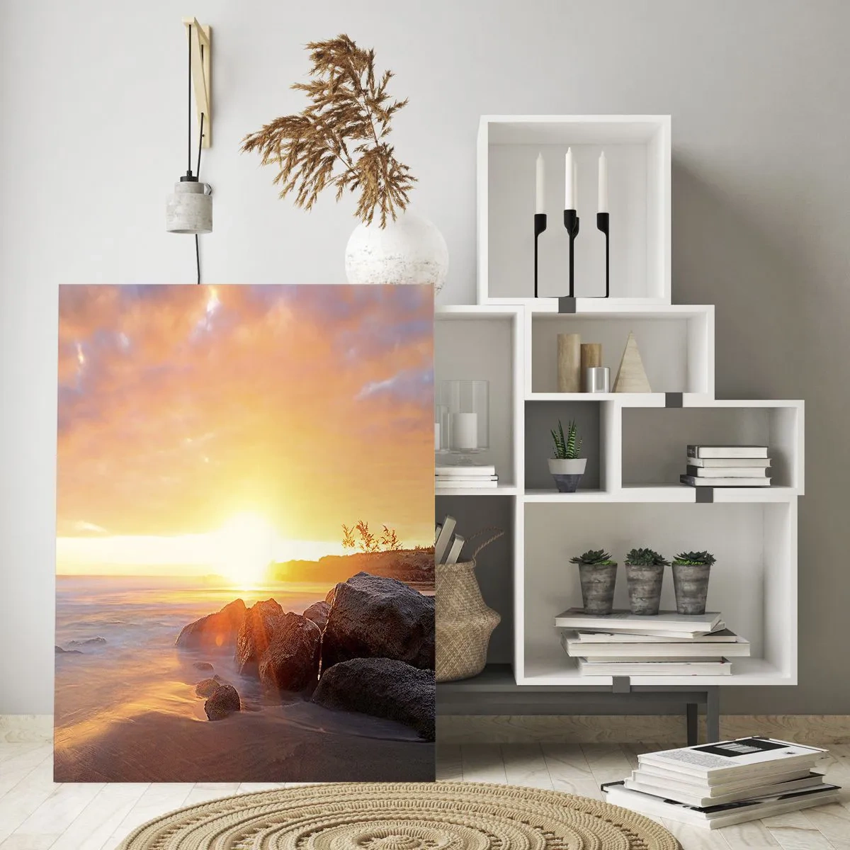 Impression sur verre - Image sur verre - Coucher de soleil sur la mer avec des pierres sur le rivage - 50x70cm - Brise lumineuse du soir - Décoration murale moderne pour le salon et la chambre ARTTOR