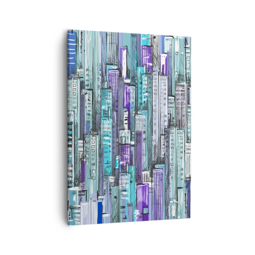 Impression sur toile - Image sur toile - Illustration d'une ville avec des bâtiments géométriques dans des tons de bleu et de violet. - 50x70cm - Bleuâtre avec le ciel - Décoration murale moderne pour le salon et la chambre ARTTOR