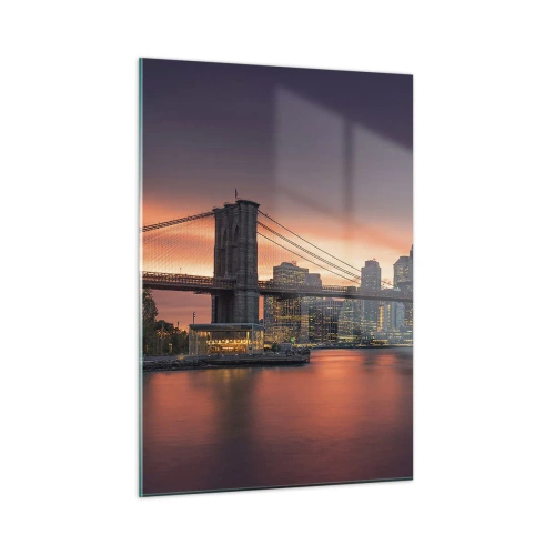 Impression sur verre - Image sur verre - Pont de Brooklyn au coucher du soleil - 50x70cm - Immergé dans le silence lilas - Décoration murale moderne pour le salon et la chambre ARTTOR