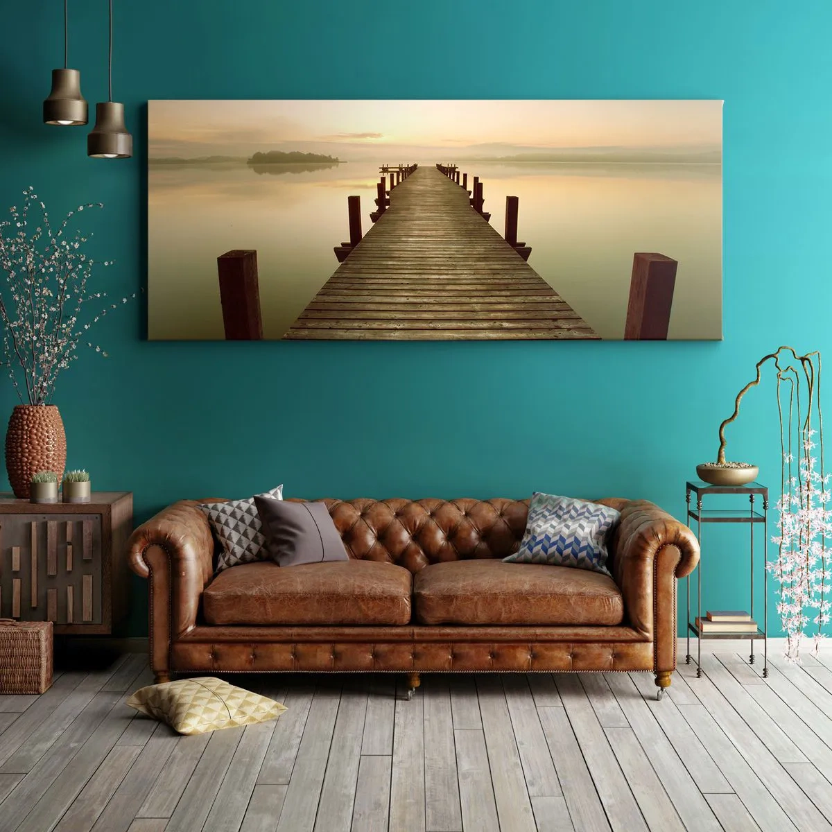 Impression sur toile - Image sur toile - Une jetée en bois sur un lac calme le matin - 120x50cm - L'aube, les premières lueurs, le jour - Décoration murale moderne pour le salon et la chambre ARTTOR