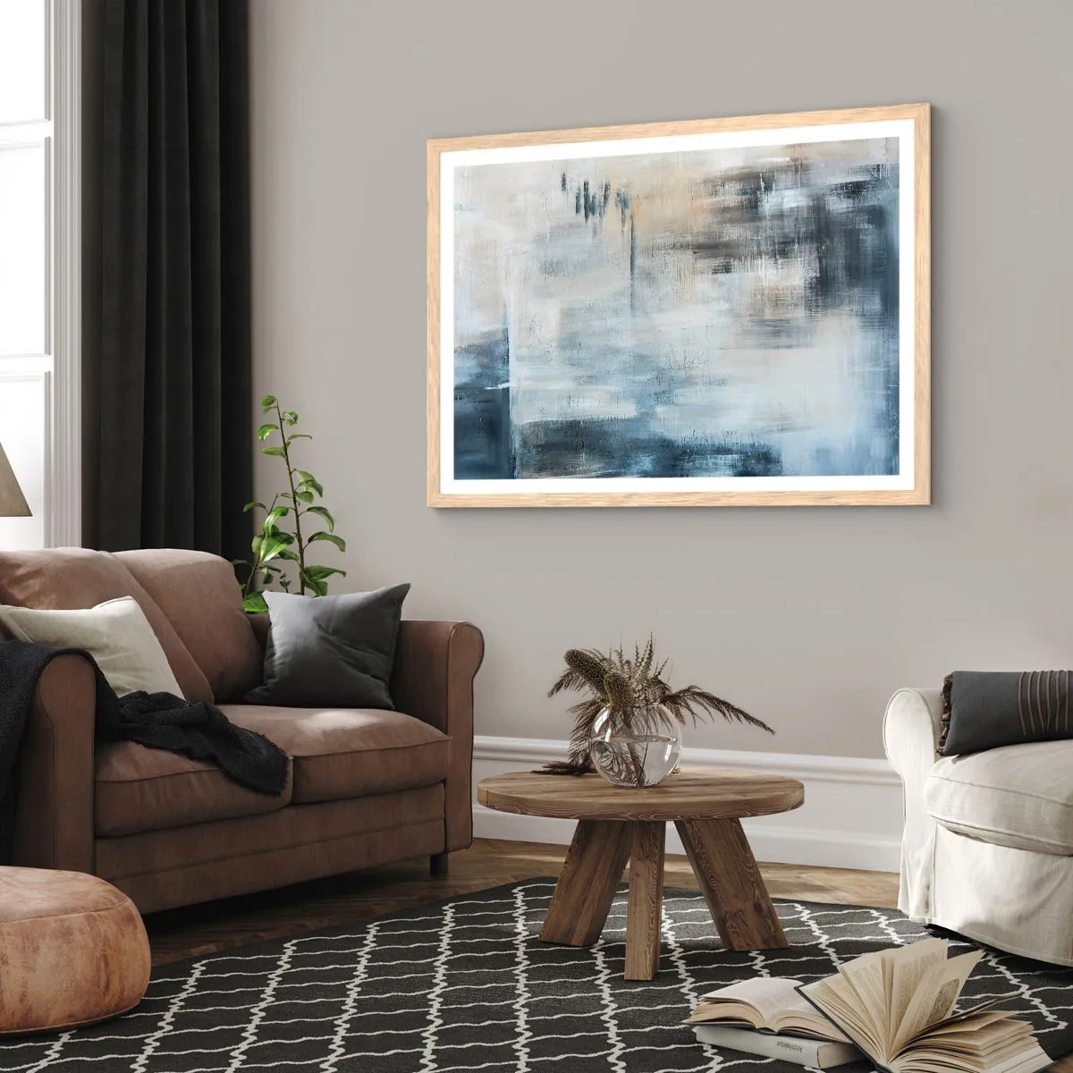 Affiche dans un chêne clair - Poster - Derrière le rideau bleu - 91x61 cm