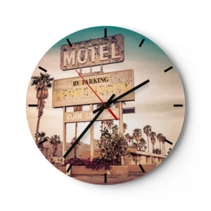 Horloge murale - Pendule murale - Panneau de motel rétro avec des palmiers en arrière-plan sur une route du désert - 30x30cm - Ici, le temps s'est arrêté - Décoration murale moderne pour le salon, la cuisine et la chambre ARTTOR